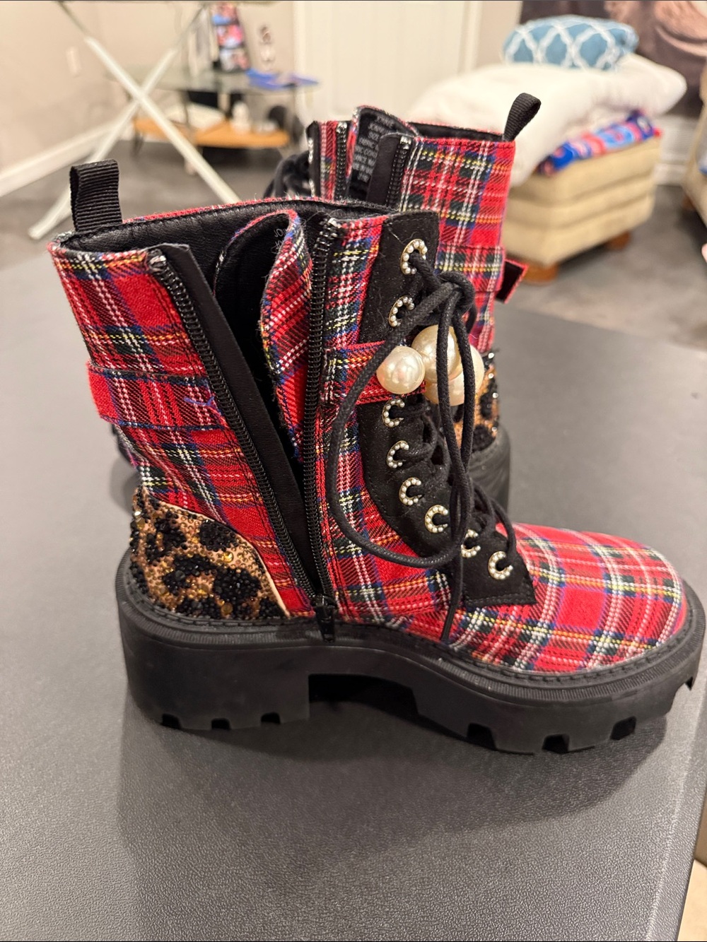 Betsey Johnson Red Plaid Lace-Up Combat Boots with Pearl Accents - Picture 3 of 5
